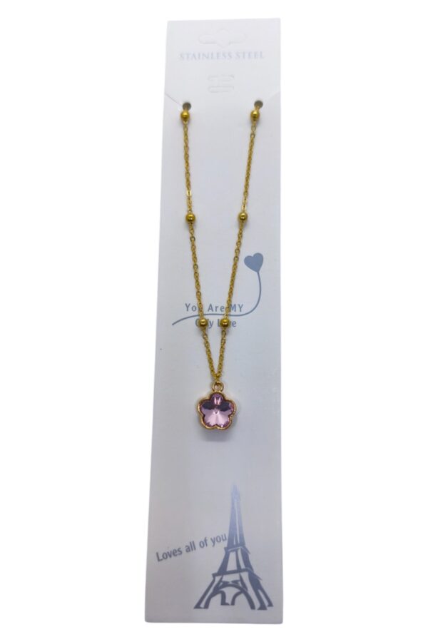Toptan Altın Renk Pembe Taş Beş Yapraklı Stilize Çiçek Model  Top Zincir Çelik Kolye - 3751 - Görsel 3