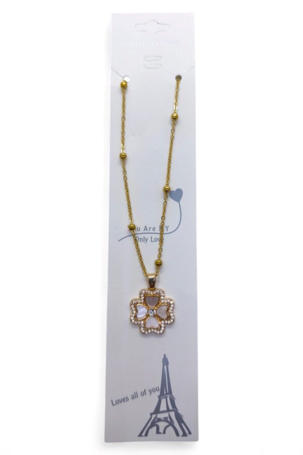 Toptan Altın Renk Beyaz Sedef Van Cleef Yonca Model Top Zincir Çelik Kolye- 3726 - Görsel 3