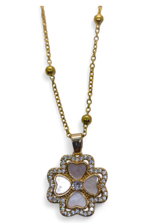 Toptan Altın Renk Beyaz Sedef Van Cleef Yonca Model Top Zincir Çelik Kolye- 3726 - Görsel 2