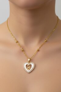 Toptan Altın Renk Beyaz Mineli Anne Kız Kalp Model Top Zincir Çelik Kolye- 3707