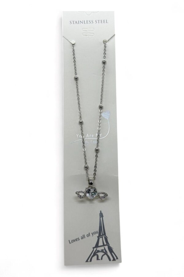 Toptan Gümüş Renk Beyaz Kalp Taş Kalp Model Top Zincir Çelik Kolye -  3779 - Görsel 3
