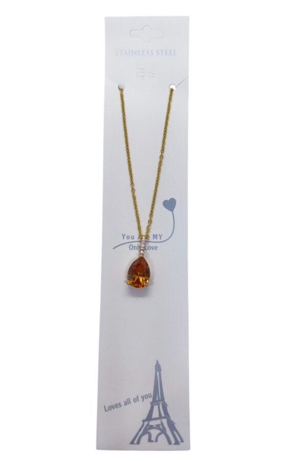Toptan Altın Renk Sıra Taşlı Amber  Damla Model  Sf  Zincir Çelik Kolye - 3747 - Görsel 3