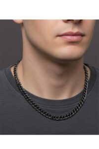 Toptan Kalın 6mm Sık Aralıklı Yassı Zincir Siyah Renk Unisex Kolye - 346