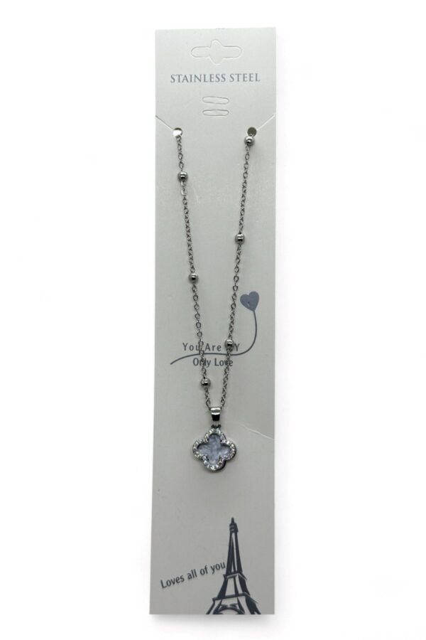 Toptan Gümüş Renk Beyaz Mineli Van Cleef Yonca Model Top Zincir Çelik Kolye-  3814 - Görsel 5