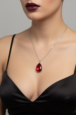 Toptan Gümüş Renk Bordo Damla Model Sf Zincir Çelik Kolye-  3807