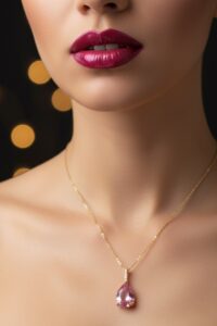 Toptan Altın Renk Sıra Taşlı Pembe Damla Model  Sf  Zincir Çelik Kolye - 3746