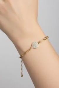 Toptan Altın Renk Yuvarlak Beyaz Model Ataç Zincir Çelik Bileklik - 3673