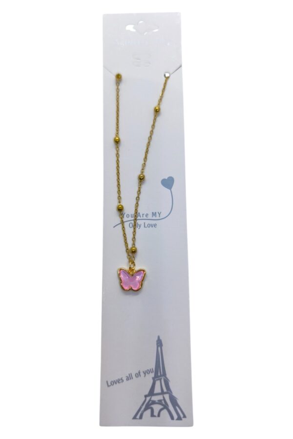 Toptan Altın Renk Pembe Taş Kelebek Model Top Zincir Çelik Kolye - 3755 - Görsel 4