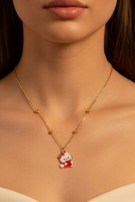 Toptan Altın Renk Hello Kitty Kedi Model Top Zincir Çelik Kolye - 3689