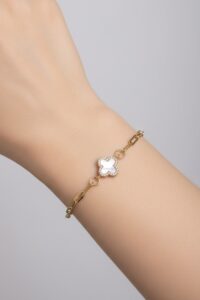 Toptan Altın Renk Van Cleef Yonca Model Çift Yönlü Ataç Zincir Çelik Bileklik - 3668