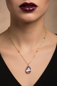 Toptan Altın Renk Pembe Damla Model Top Zincir Çelik Kolye- 3734