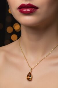 Toptan Altın Renk Sıra Taşlı Amber  Damla Model  Sf  Zincir Çelik Kolye - 3747