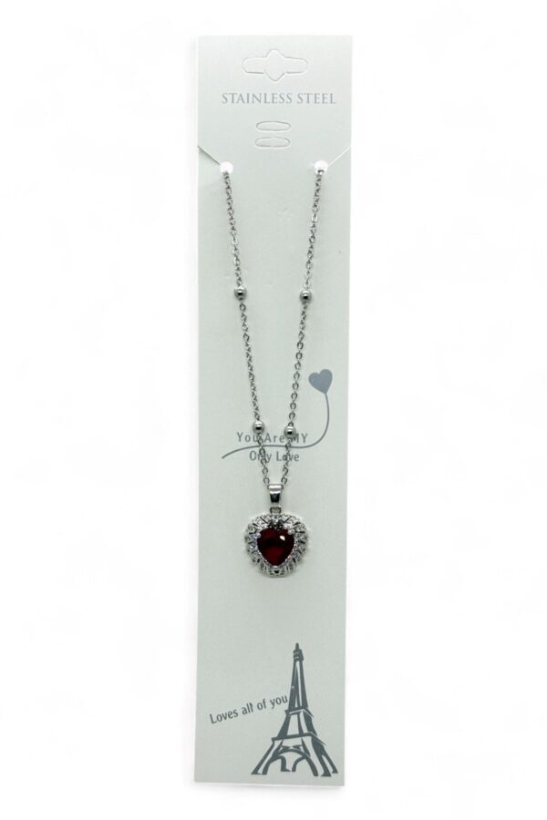 Toptan Gümüş  Renk Bordo Taş Kalp Model Top Zincir Çelik Kolye- 3810 - Görsel 3