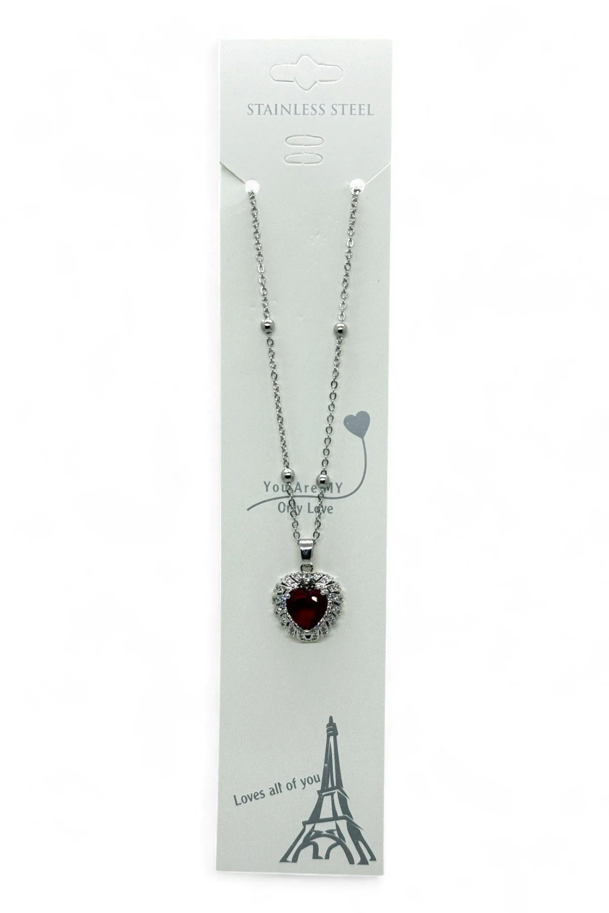 Toptan Gümüş  Renk Bordo Taş Kalp Model Top Zincir Çelik Kolye- 3810 - Görsel 3