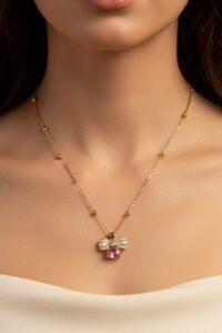 Toptan Altın Renk Pembe Fiyonk Model Top Zincir Çelik Kolye - 3691