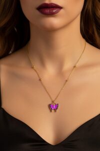 Toptan Altın Renk Mor Mineli Kelebek Model Top Zincir Çelik Kolye- 3712