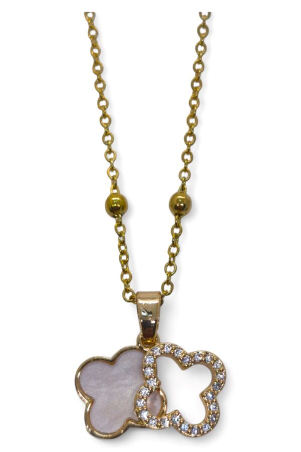 Toptan Altın Renk Beyaz Mineli Van Cleef Yonca Model Top Zincir Çelik Kolye- 3708 - Görsel 2