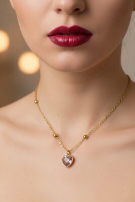 Toptan Altın Renk Pembe Kalp Model Top Zincir Çelik Kolye- 3737