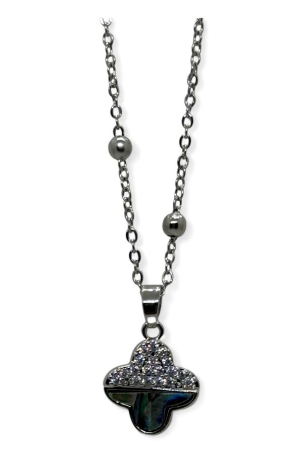 Toptan Gümüş Renk Van Cleef Yonca Taşlı Altı Sedef Model Top Zincir Çelik Kolye-  3776 - Görsel 3