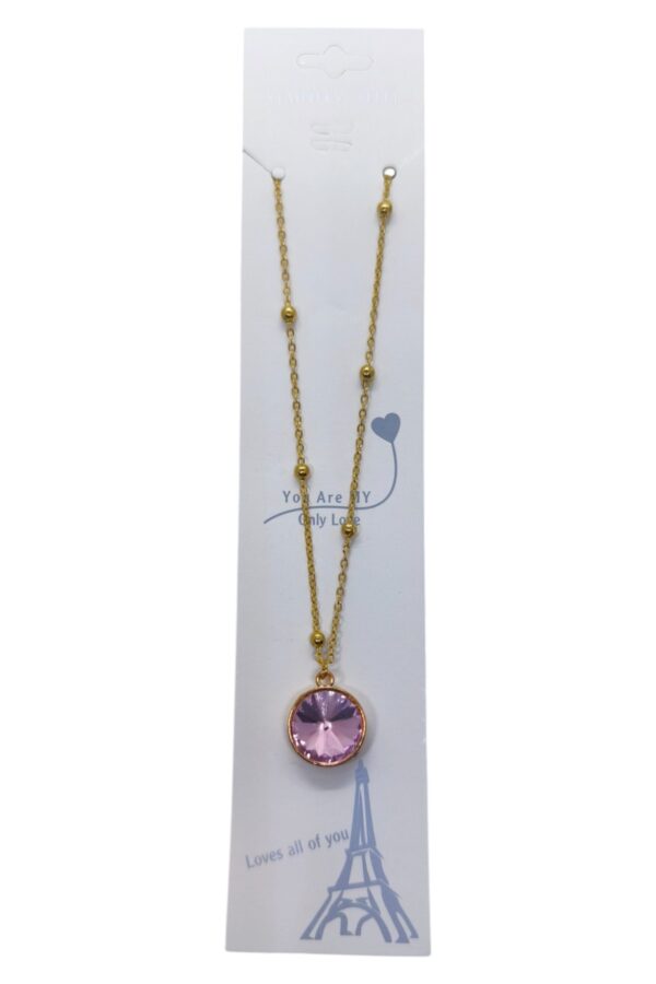 Toptan Altın Renk Pembe Taş Yuvarlak Model Top Zincir Çelik Kolye - 3756 - Görsel 3