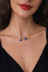 Toptan Altın Renk Mavi Mineli Balık Pandora Model Zirkon Kolye - 2992