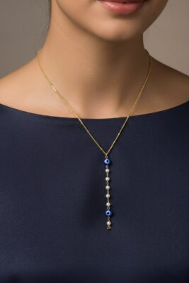 Toptan Altın Renk Ezme Zincir Nazar Göz İnci Oval Ye Model Çelik Kolye - 3832