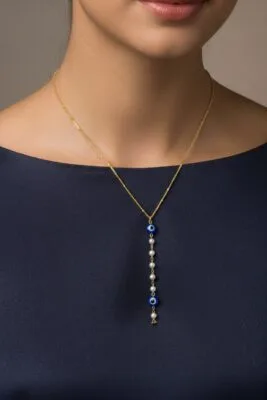 Toptan Altın Renk Ezme Zincir Nazar Göz İnci Oval Ye Model Çelik Kolye - 3832