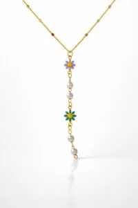 Toptan Altın Renk Ezme Zincir Çiçek İnci Ye Model Çelik Kolye - 3829