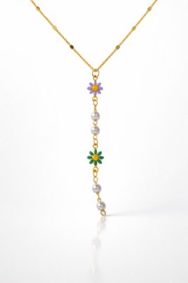 Toptan Altın Renk Ezme Zincir Çiçek İnci Ye Model Çelik Kolye - 3829