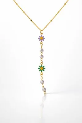 Toptan Altın Renk Ezme Zincir Çiçek İnci Ye Model Çelik Kolye - 3829