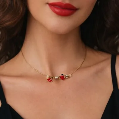 Toptan Altın Renk Kırmızı Mineli Balık Pandora Model Zirkon Kolye  - 2986