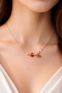 Toptan Altın Renk Kırmızı Mineli Fil Pandora Model Zirkon Kolye - 2760