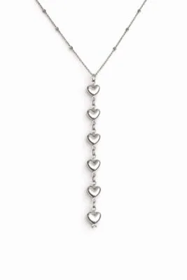 Toptan Gümüş Renk Ezme Zincir Sıralı Kalp  Ye Model Yeni Sezon Çelik Kolye - 3837