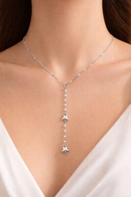 Toptan Gümüş Renk Ezme Zincir Kelebek İnci Ye Model Çelik Kolye - 3839