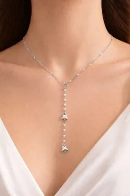 Toptan Gümüş Renk Ezme Zincir Kelebek İnci Ye Model Çelik Kolye - 3839