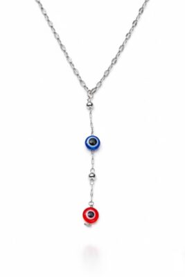 Toptan Gümüş Renk Dudak Zincir Nazar Göz Ye Model Yeni Sezon Çelik Kolye - 3834