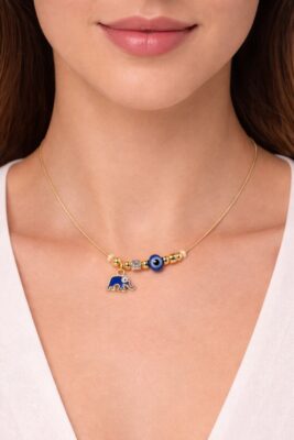 Toptan Altın Renk Mavi Mineli Fil Pandora Model Zirkon Kolye  - 3000