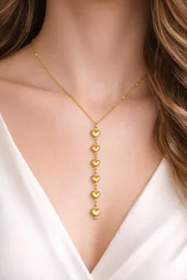 Toptan Altın Renk Ezme Zincir Sıralı Kalp  Ye Model Yeni Sezon Çelik Kolye - 3828