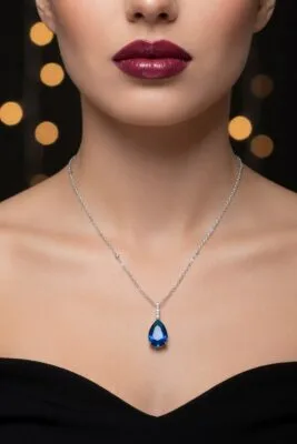 Toptan Gümüş Renk Sıra Taşlı Lacivert Damla Model  Sf  Zincir Çelik Kolye - 3845