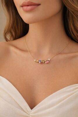 Toptan Altın Renk Pembe Mineli Balık Pandora Model Zirkon Kolye  - 2984