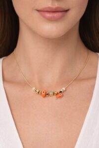 Toptan Altın Renk Turuncu Mineli Balık Pandora Model Zirkon Kolye - 2994