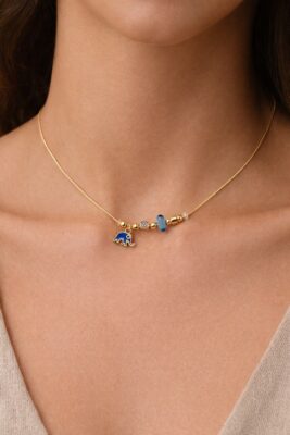 Toptan Altın Renk Turkuaz Mineli Fil Pandora Model Zirkon Kolye  - 2998