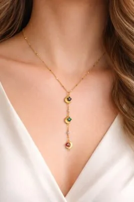 Toptan Altın Renk Ezme Zincir Ay Yıldız Ye Model Yeni Sezon Çelik Kolye - 3827