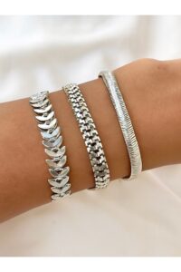 Alternative view of Toptan Gümüş Renk Kadın 3’lü Kombin Bileklik Seti Kılçık İtalyan Tırtıl Kombin Bileklik Seti -  3844