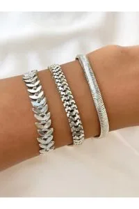 Alternative view of Toptan Gümüş Renk Kadın 3’lü Kombin Bileklik Seti Kılçık İtalyan Tırtıl Kombin Bileklik Seti -  3844