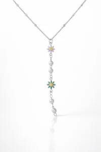 Toptan Gümüş  Renk Ezme Zincir Çiçek İnci Ye Model Çelik Kolye - 3838