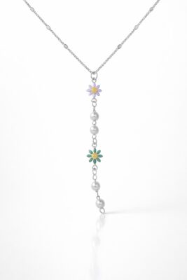 Toptan Gümüş  Renk Ezme Zincir Çiçek İnci Ye Model Çelik Kolye - 3838