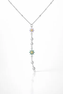 Toptan Gümüş  Renk Ezme Zincir Çiçek İnci Ye Model Çelik Kolye - 3838