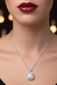 Alternative view of Toptan Gümüş Renk Kare Beyaz Taş Sf Zincir Çelik Kolye - 3863