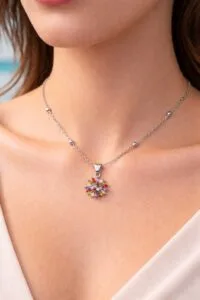 Alternative view of Toptan Gümüş Renk Mekik Güneş Model Mix Taşlı Top Zincir Çelik Kolye - 3867